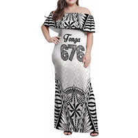 Personalised Tonga 676 Family Matching Off Shoulder Maxi Dress and Hawaiian Shirt Tribal Kupesi Ngatu Unique LT9 Mom's Dress White - Polynesian Pride