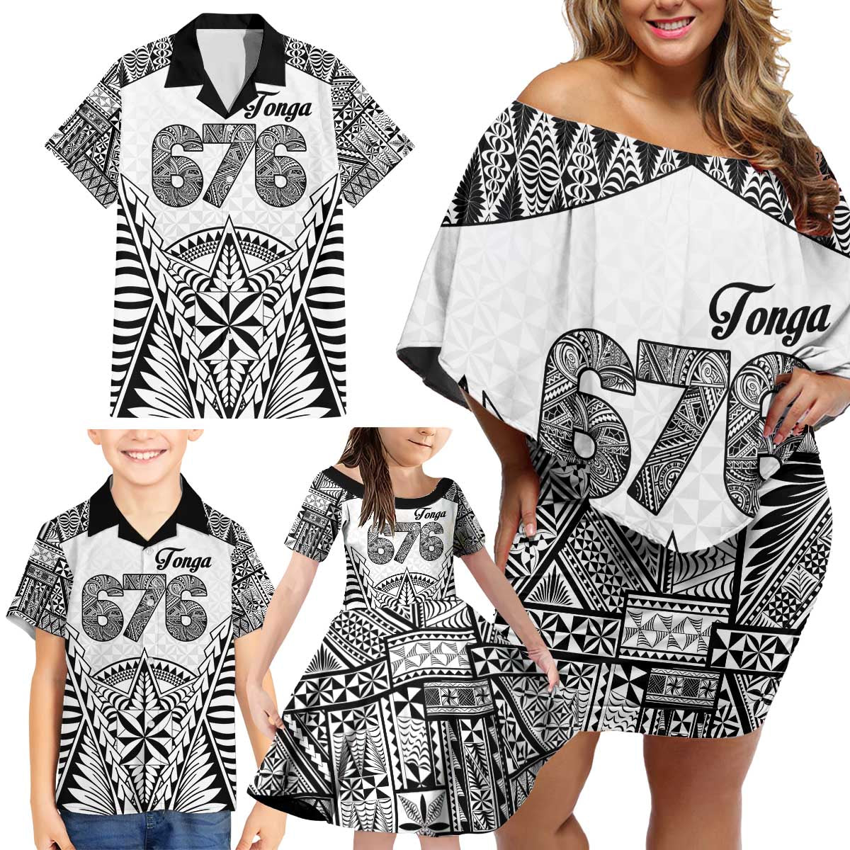 Personalised Tonga 676 Family Matching Off Shoulder Short Dress and Hawaiian Shirt Tribal Kupesi Ngatu Unique LT9 - Polynesian Pride