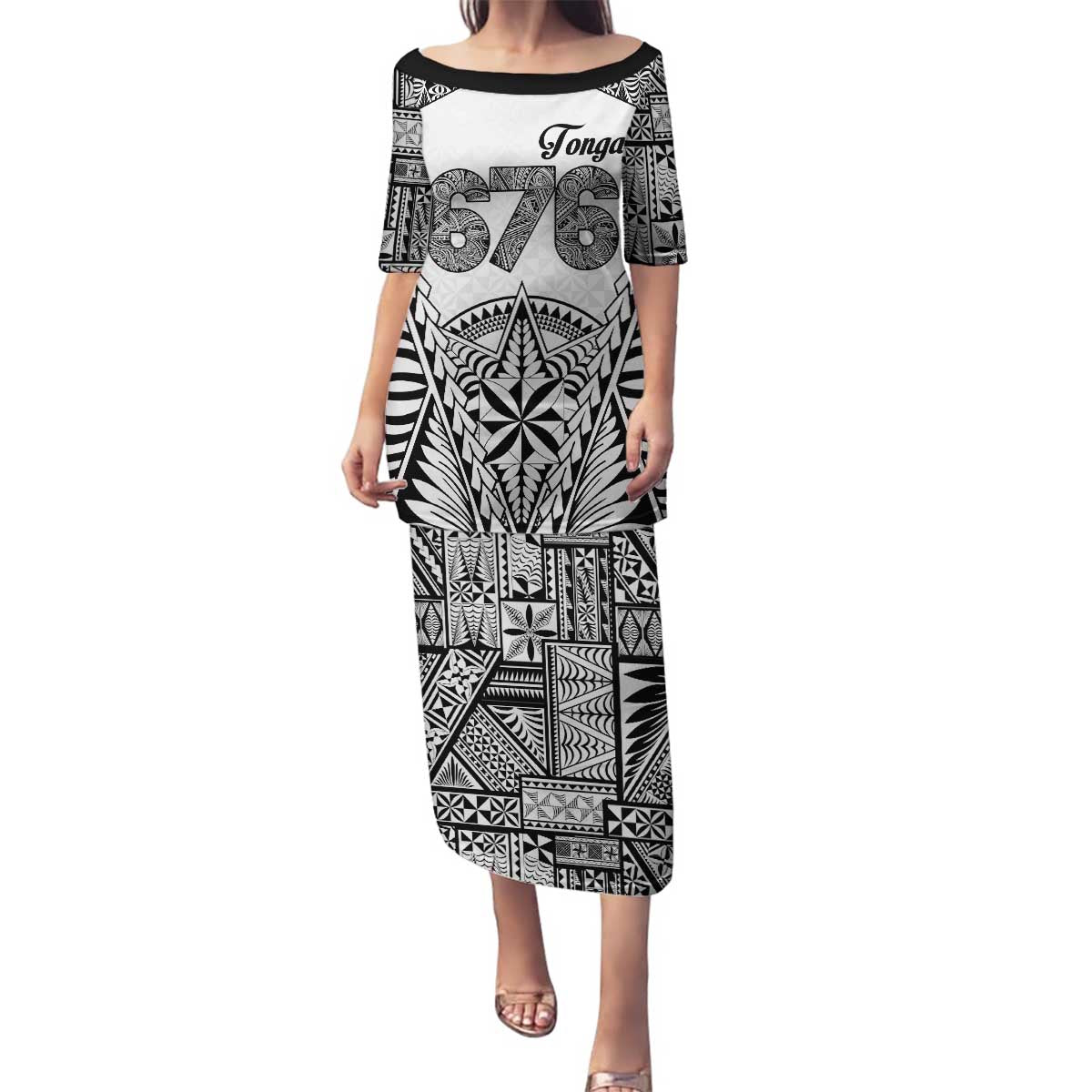 Personalised Tonga 676 Family Matching Puletasi and Hawaiian Shirt Tribal Kupesi Ngatu Unique LT9 Mom's Dress White - Polynesian Pride
