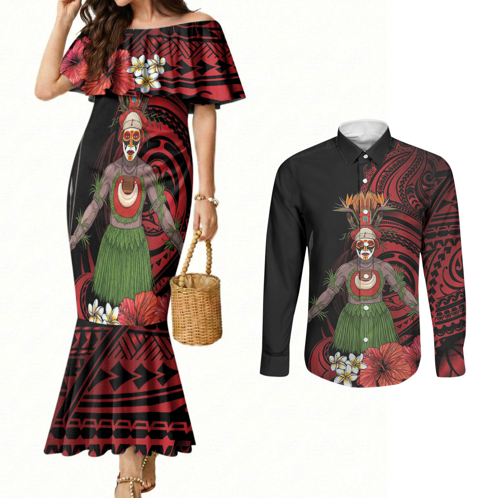 Huli Wigmen Tribe Hela Province Couples Matching Mermaid Dress and Long Sleeve Button Shirt Papua New Guinea Indigenous Pattern LT9 Black - Polynesian Pride