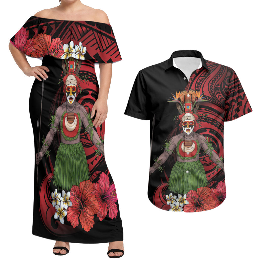 Huli Wigmen Tribe Hela Province Couples Matching Off Shoulder Maxi Dress and Hawaiian Shirt Papua New Guinea Indigenous Pattern LT9 Black - Polynesian Pride
