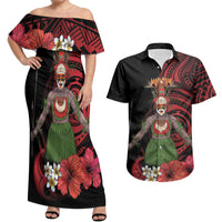 Huli Wigmen Tribe Hela Province Couples Matching Off Shoulder Maxi Dress and Hawaiian Shirt Papua New Guinea Indigenous Pattern LT9 Black - Polynesian Pride