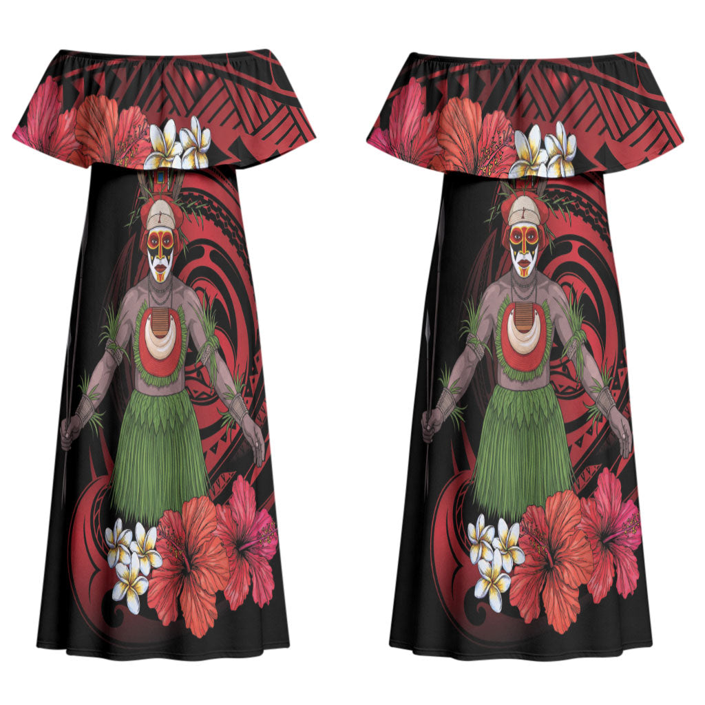 Huli Wigmen Tribe Hela Province Couples Matching Off Shoulder Maxi Dress and Hawaiian Shirt Papua New Guinea Indigenous Pattern LT9 - Polynesian Pride