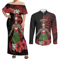 Huli Wigmen Tribe Hela Province Couples Matching Off Shoulder Maxi Dress and Long Sleeve Button Shirt Papua New Guinea Indigenous Pattern LT9 Black - Polynesian Pride