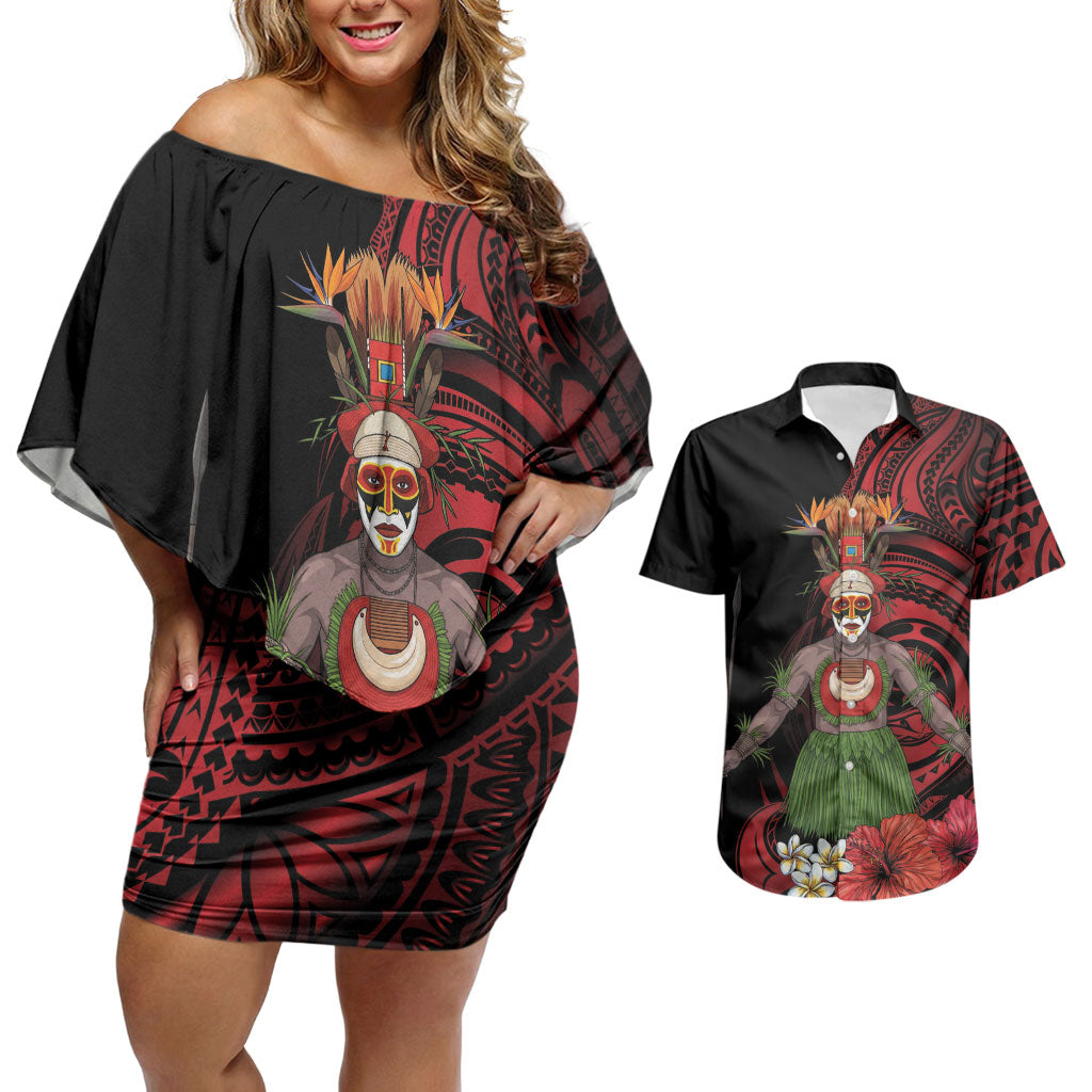 Huli Wigmen Tribe Hela Province Couples Matching Off Shoulder Short Dress and Hawaiian Shirt Papua New Guinea Indigenous Pattern LT9 Black - Polynesian Pride