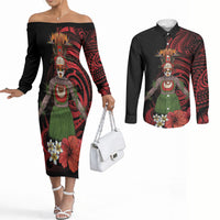 Huli Wigmen Tribe Hela Province Couples Matching Off The Shoulder Long Sleeve Dress and Long Sleeve Button Shirt Papua New Guinea Indigenous Pattern LT9 Black - Polynesian Pride