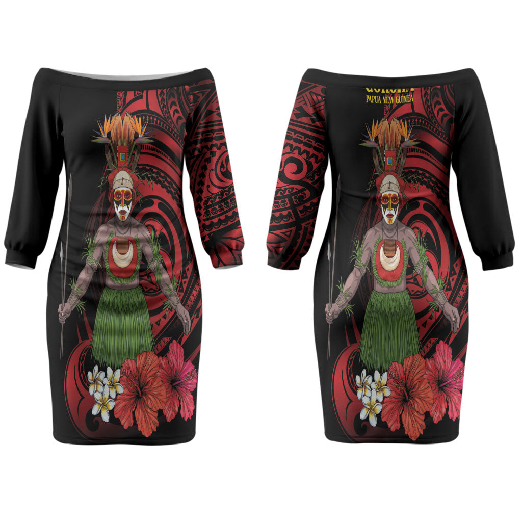 Huli Wigmen Tribe Hela Province Couples Matching Off The Shoulder Long Sleeve Dress and Long Sleeve Button Shirt Papua New Guinea Indigenous Pattern LT9 - Polynesian Pride