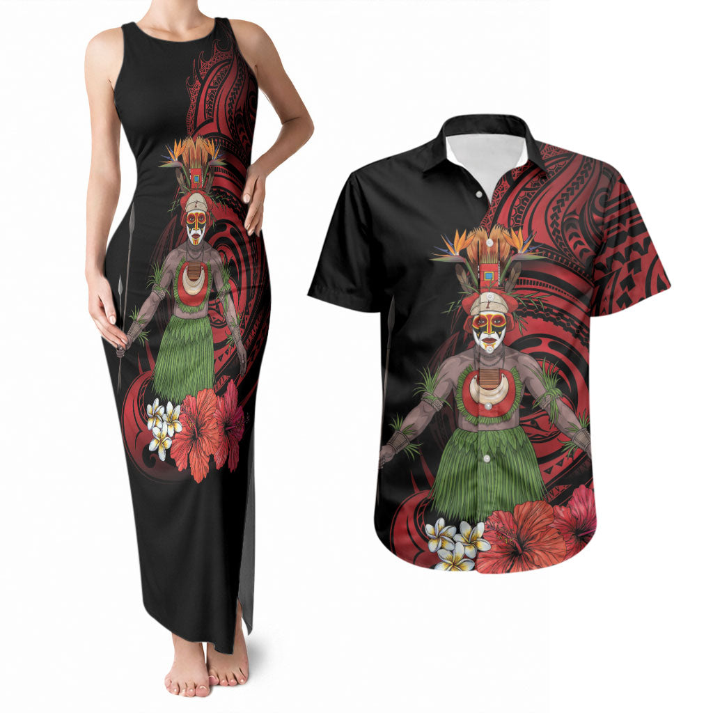 Huli Wigmen Tribe Hela Province Couples Matching Tank Maxi Dress and Hawaiian Shirt Papua New Guinea Indigenous Pattern LT9 Black - Polynesian Pride