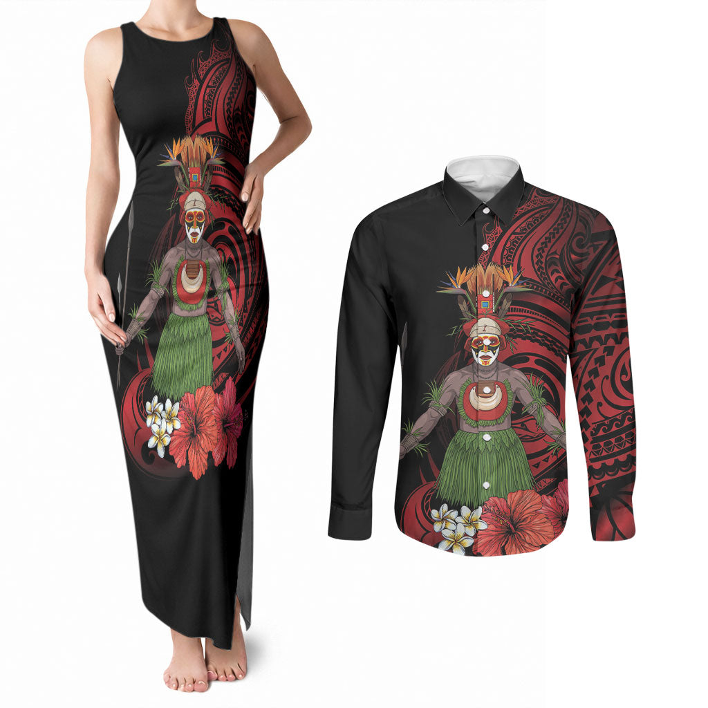 Huli Wigmen Tribe Hela Province Couples Matching Tank Maxi Dress and Long Sleeve Button Shirt Papua New Guinea Indigenous Pattern LT9 Black - Polynesian Pride