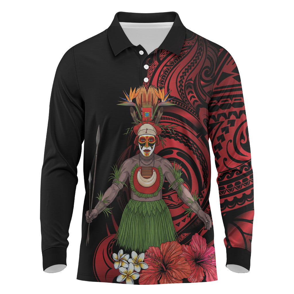 Huli Wigmen Tribe Hela Province Long Sleeve Polo Shirt Papua New Guinea Indigenous Pattern LT9 Black - Polynesian Pride