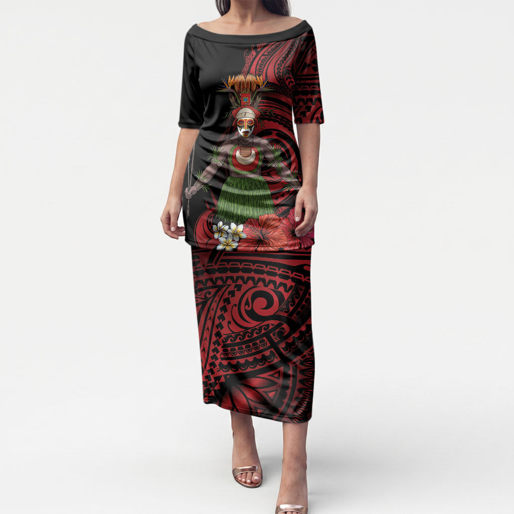 Huli Wigmen Tribe Hela Province Puletasi Papua New Guinea Indigenous Pattern LT9 Long Dress Black - Polynesian Pride