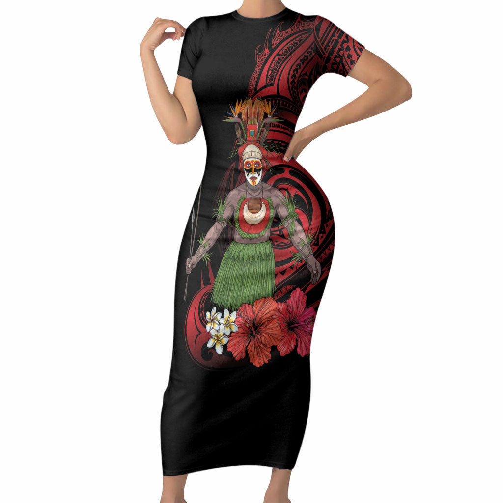 Huli Wigmen Tribe Hela Province Short Sleeve Bodycon Dress Papua New Guinea Indigenous Pattern LT9 Long Dress Black - Polynesian Pride