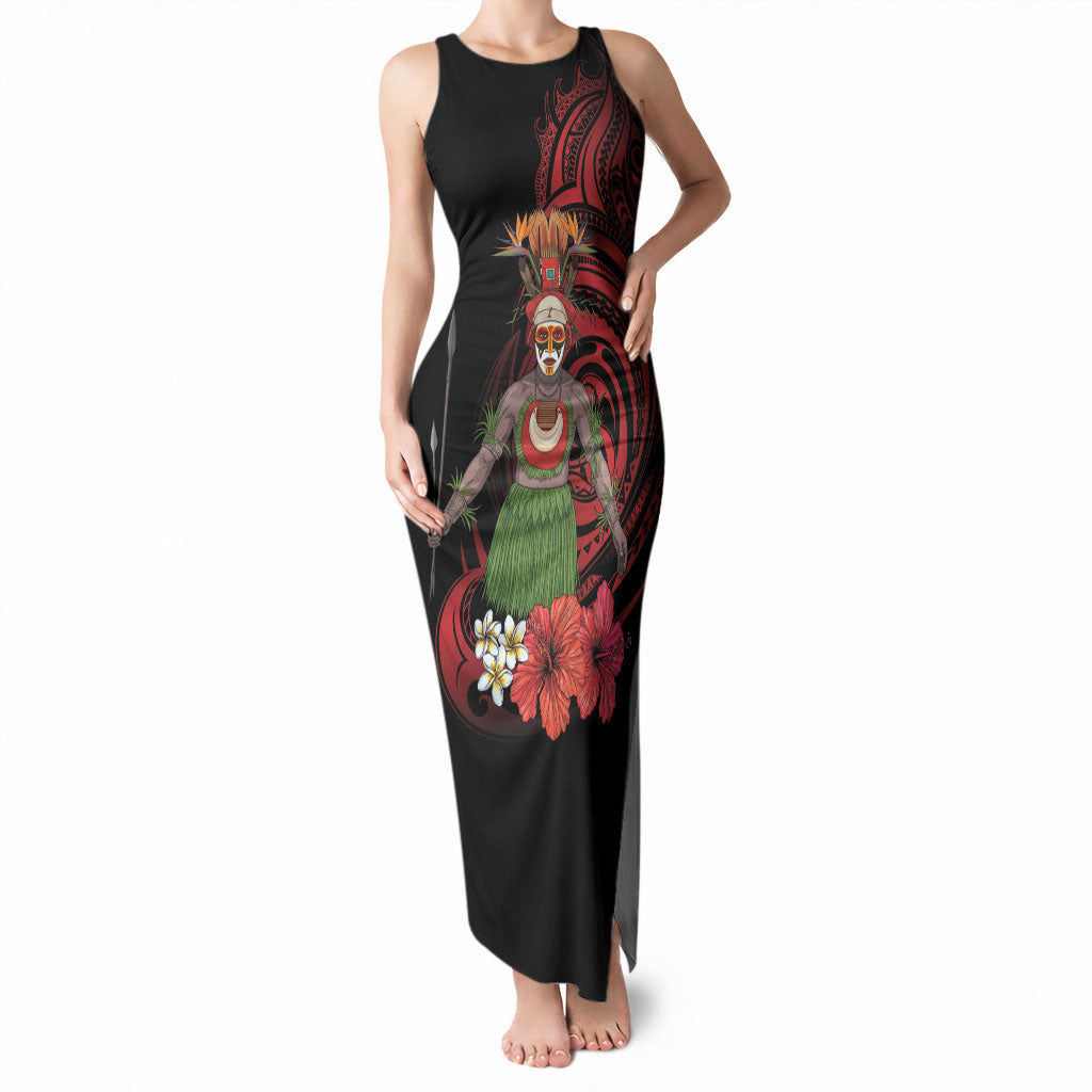 Huli Wigmen Tribe Hela Province Tank Maxi Dress Papua New Guinea Indigenous Pattern LT9 Women Black - Polynesian Pride