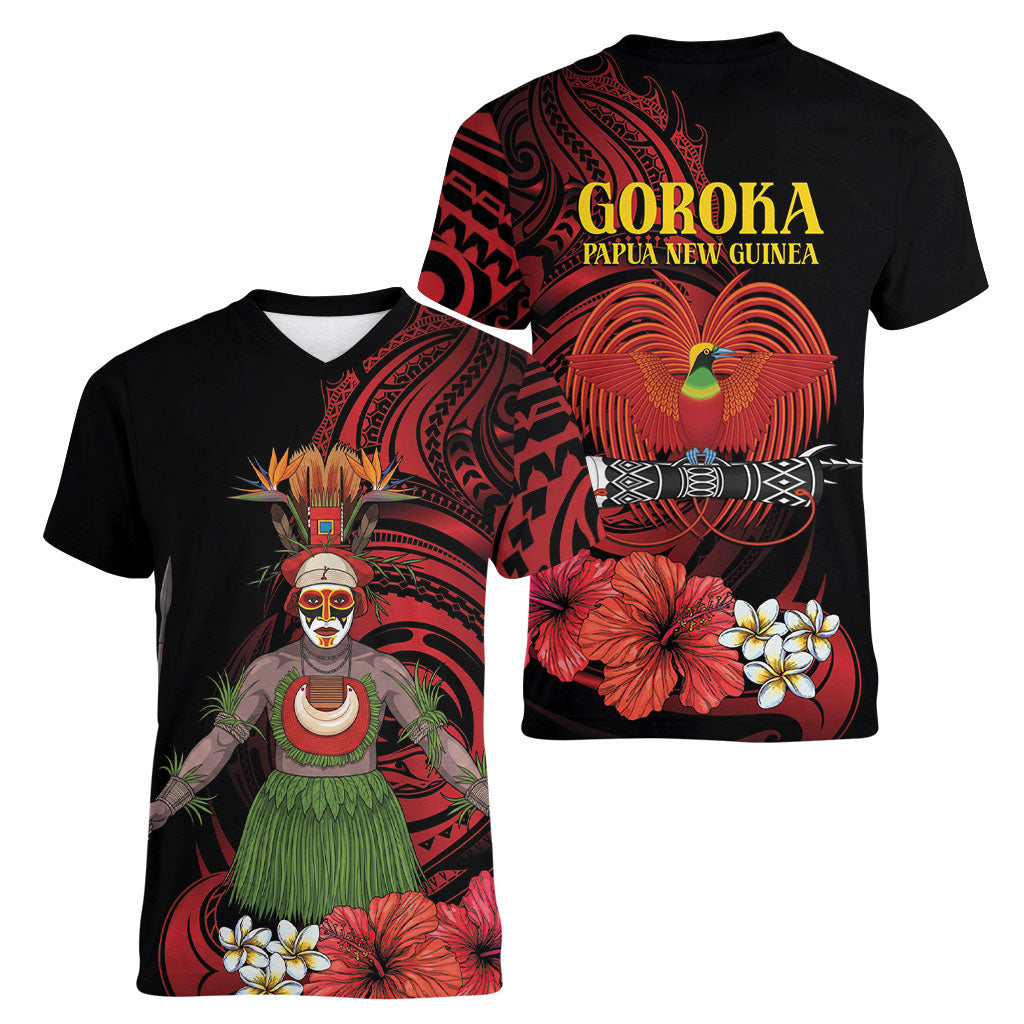 Huli Wigmen Tribe Hela Province Women V-Neck T-Shirt Papua New Guinea Indigenous Pattern LT9 - Polynesian Pride