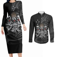 Skeleton Tribe Simbu Province Couples Matching Long Sleeve Bodycon Dress and Long Sleeve Button Shirt Papua New Guinea Indigenous Pattern LT9 Black - Polynesian Pride