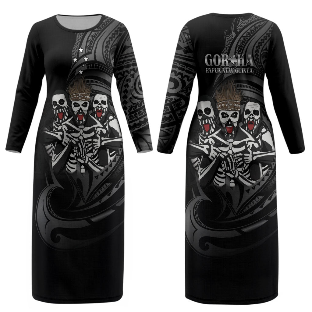 Skeleton Tribe Simbu Province Couples Matching Long Sleeve Bodycon Dress and Long Sleeve Button Shirt Papua New Guinea Indigenous Pattern LT9 - Polynesian Pride