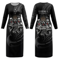 Skeleton Tribe Simbu Province Couples Matching Long Sleeve Bodycon Dress and Long Sleeve Button Shirt Papua New Guinea Indigenous Pattern LT9 - Polynesian Pride
