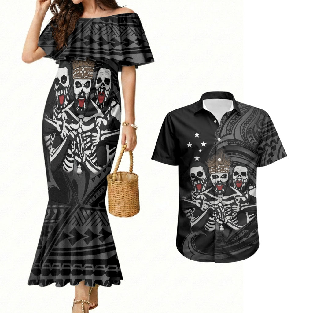Skeleton Tribe Simbu Province Couples Matching Mermaid Dress and Hawaiian Shirt Papua New Guinea Indigenous Pattern LT9 Black - Polynesian Pride