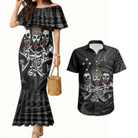 Skeleton Tribe Simbu Province Couples Matching Mermaid Dress and Hawaiian Shirt Papua New Guinea Indigenous Pattern LT9 Black - Polynesian Pride