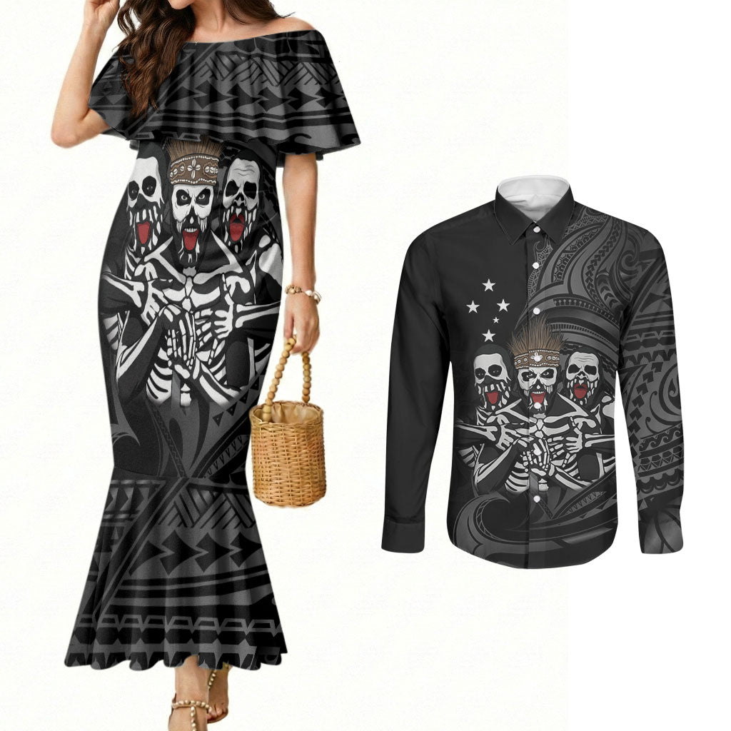 Skeleton Tribe Simbu Province Couples Matching Mermaid Dress and Long Sleeve Button Shirt Papua New Guinea Indigenous Pattern LT9 Black - Polynesian Pride