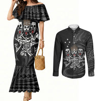 Skeleton Tribe Simbu Province Couples Matching Mermaid Dress and Long Sleeve Button Shirt Papua New Guinea Indigenous Pattern LT9 Black - Polynesian Pride