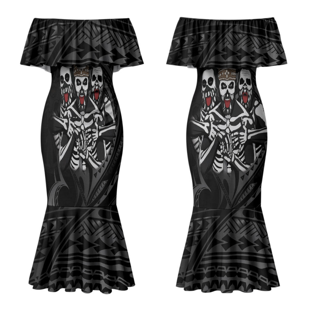 Skeleton Tribe Simbu Province Couples Matching Mermaid Dress and Long Sleeve Button Shirt Papua New Guinea Indigenous Pattern LT9 - Polynesian Pride