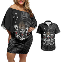 Skeleton Tribe Simbu Province Couples Matching Off Shoulder Short Dress and Hawaiian Shirt Papua New Guinea Indigenous Pattern LT9 Black - Polynesian Pride