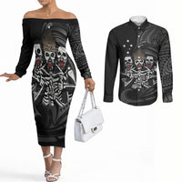 Skeleton Tribe Simbu Province Couples Matching Off The Shoulder Long Sleeve Dress and Long Sleeve Button Shirt Papua New Guinea Indigenous Pattern LT9 Black - Polynesian Pride