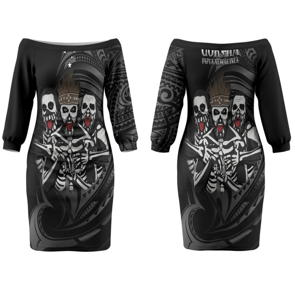 Skeleton Tribe Simbu Province Couples Matching Off The Shoulder Long Sleeve Dress and Long Sleeve Button Shirt Papua New Guinea Indigenous Pattern LT9 - Polynesian Pride
