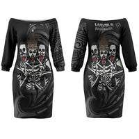 Skeleton Tribe Simbu Province Couples Matching Off The Shoulder Long Sleeve Dress and Long Sleeve Button Shirt Papua New Guinea Indigenous Pattern LT9 - Polynesian Pride