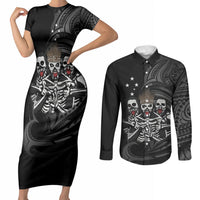 Skeleton Tribe Simbu Province Couples Matching Short Sleeve Bodycon Dress and Long Sleeve Button Shirt Papua New Guinea Indigenous Pattern LT9 Black - Polynesian Pride
