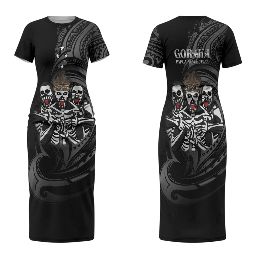 Skeleton Tribe Simbu Province Couples Matching Short Sleeve Bodycon Dress and Long Sleeve Button Shirt Papua New Guinea Indigenous Pattern LT9 - Polynesian Pride