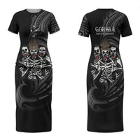Skeleton Tribe Simbu Province Couples Matching Short Sleeve Bodycon Dress and Long Sleeve Button Shirt Papua New Guinea Indigenous Pattern LT9 - Polynesian Pride