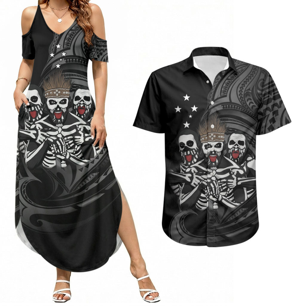 Skeleton Tribe Simbu Province Couples Matching Summer Maxi Dress and Hawaiian Shirt Papua New Guinea Indigenous Pattern LT9 Black - Polynesian Pride