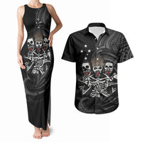 Skeleton Tribe Simbu Province Couples Matching Tank Maxi Dress and Hawaiian Shirt Papua New Guinea Indigenous Pattern LT9 Black - Polynesian Pride