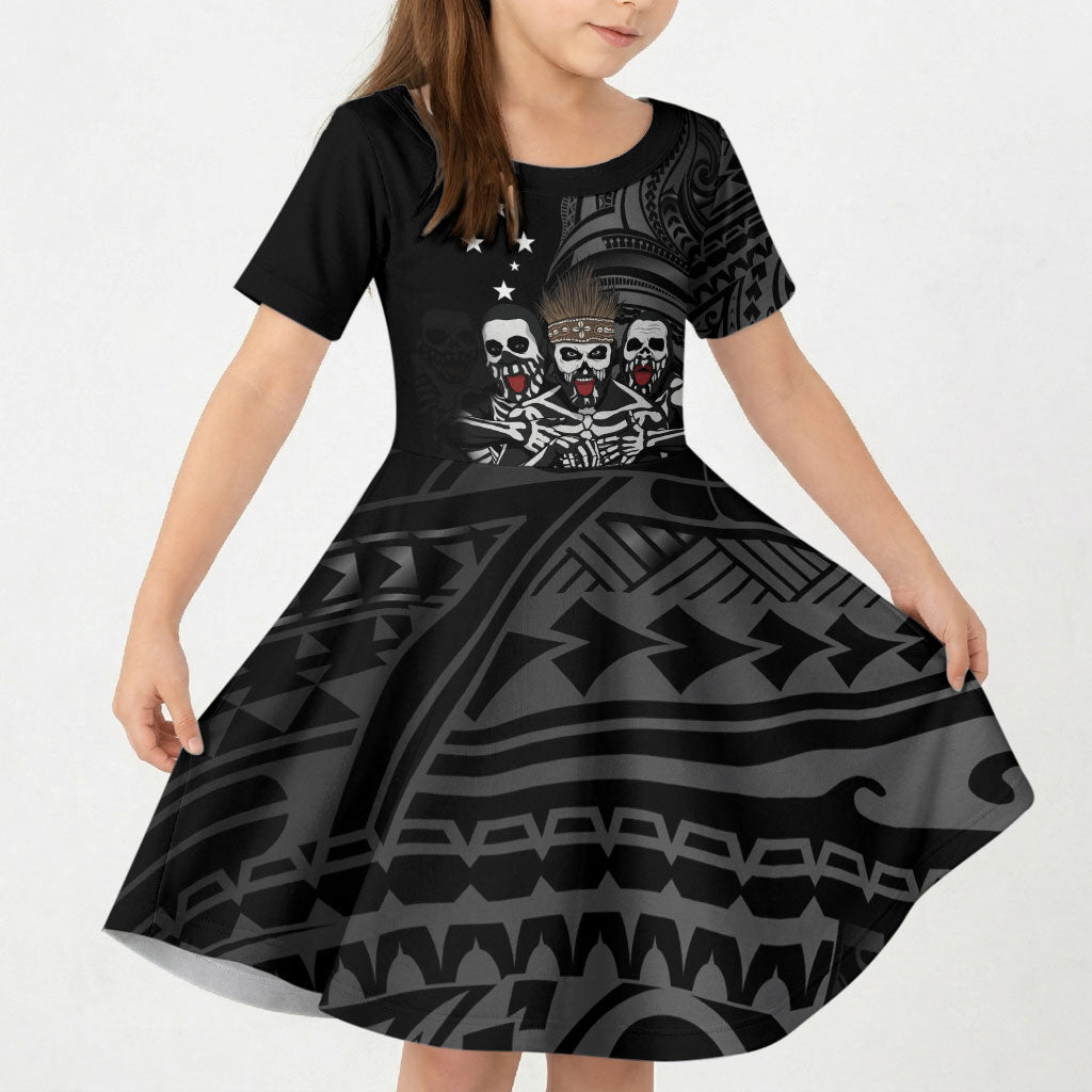 Skeleton Tribe Simbu Province Kid Short Sleeve Dress Papua New Guinea Indigenous Pattern LT9 KID Black - Polynesian Pride
