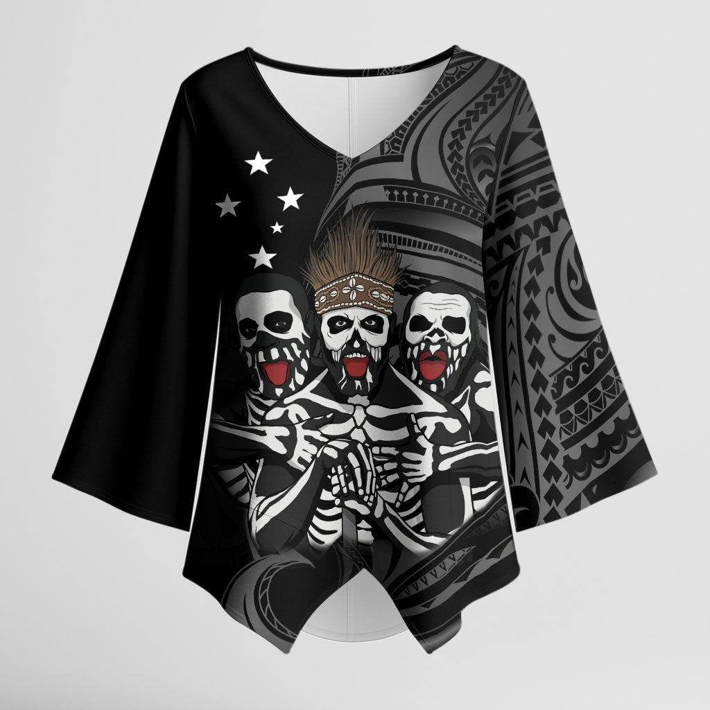 Skeleton Tribe Simbu Province Kimono Sleeve Blouse Papua New Guinea Indigenous Pattern LT9 Female Black - Polynesian Pride