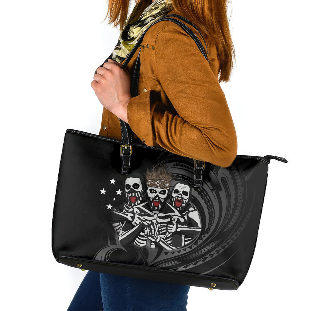 Skeleton Tribe Simbu Province Leather Tote Bag Papua New Guinea Indigenous Pattern LT9 Black - Polynesian Pride