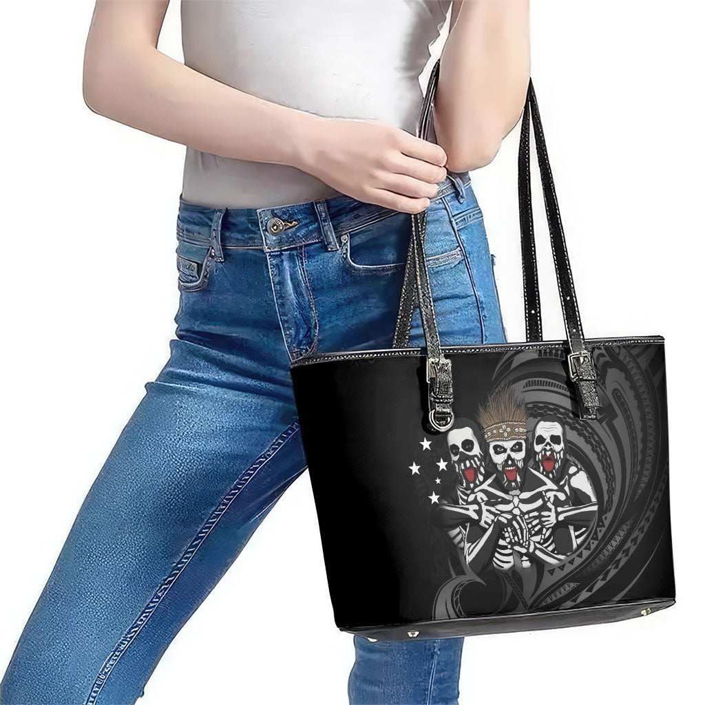 Skeleton Tribe Simbu Province Leather Tote Bag Papua New Guinea Indigenous Pattern LT9 - Polynesian Pride