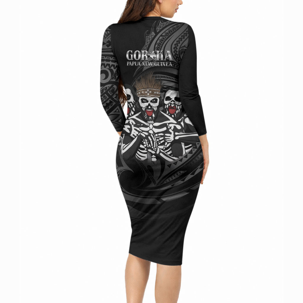 Skeleton Tribe Simbu Province Long Sleeve Bodycon Dress Papua New Guinea Indigenous Pattern LT9 - Polynesian Pride