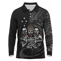 Skeleton Tribe Simbu Province Long Sleeve Polo Shirt Papua New Guinea Indigenous Pattern LT9 Black - Polynesian Pride