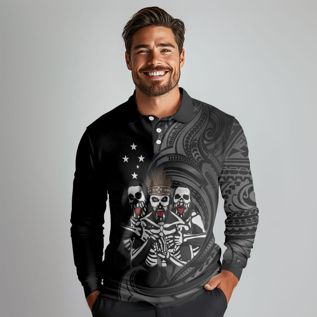Skeleton Tribe Simbu Province Long Sleeve Polo Shirt Papua New Guinea Indigenous Pattern LT9 - Polynesian Pride