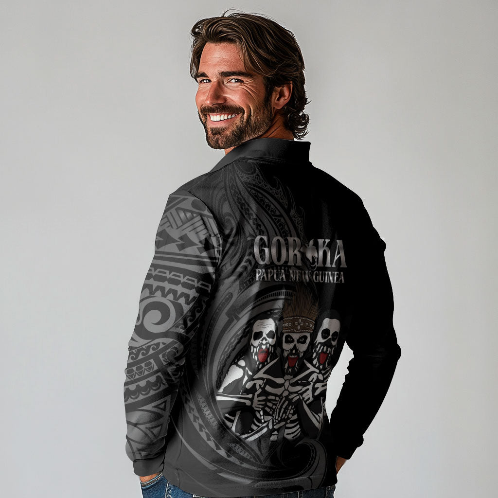 Skeleton Tribe Simbu Province Long Sleeve Polo Shirt Papua New Guinea Indigenous Pattern LT9 - Polynesian Pride
