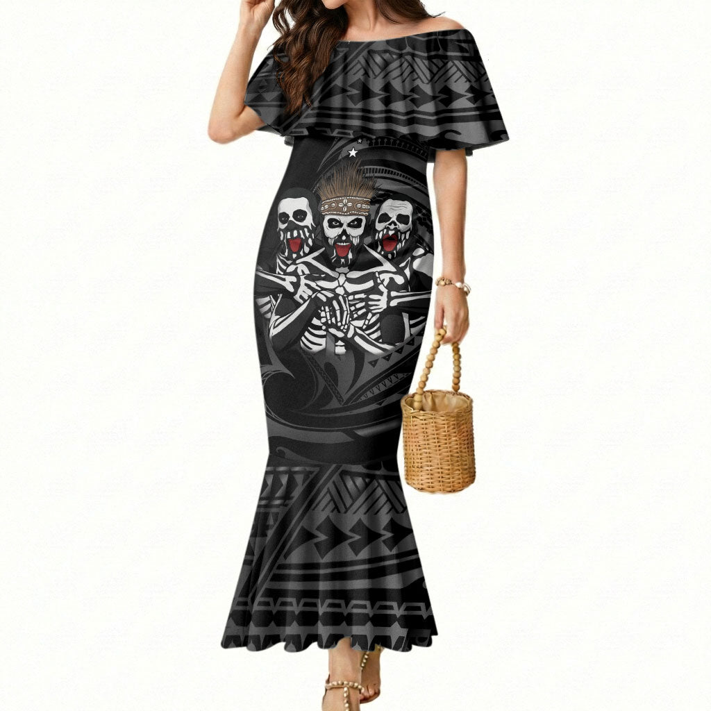 Skeleton Tribe Simbu Province Mermaid Dress Papua New Guinea Indigenous Pattern LT9 Women Black - Polynesian Pride