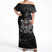 Skeleton Tribe Simbu Province Off Shoulder Maxi Dress Papua New Guinea Indigenous Pattern LT9 Women Black - Polynesian Pride