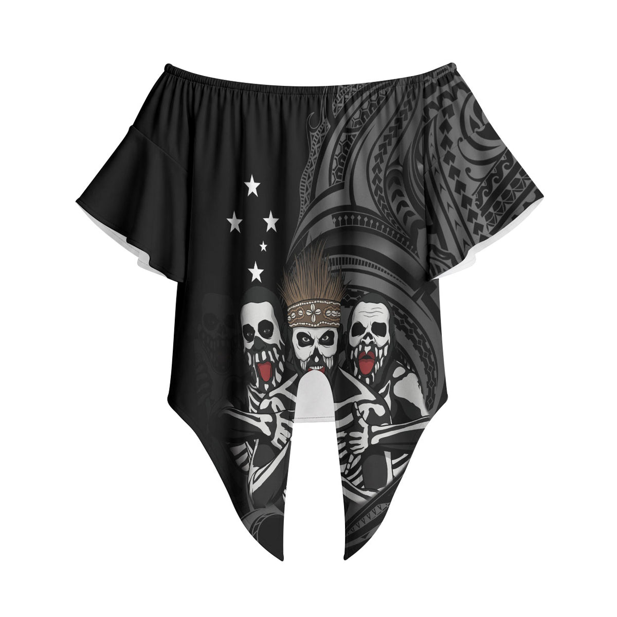 Skeleton Tribe Simbu Province Off Shoulder Wrap Waist Top Papua New Guinea Indigenous Pattern LT9 Black - Polynesian Pride