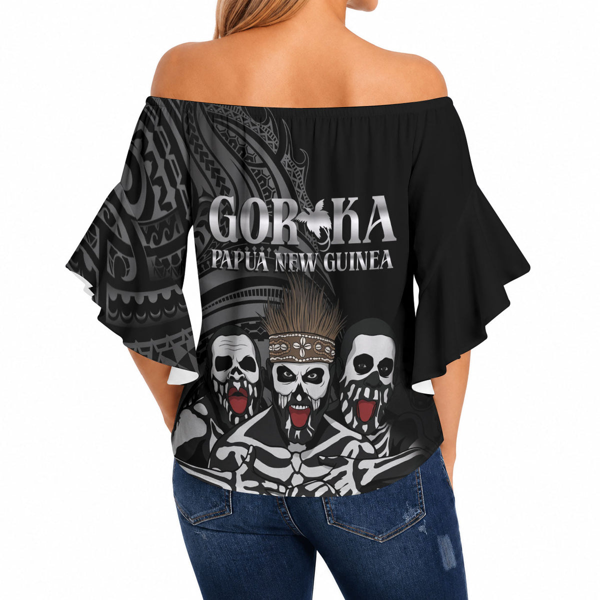 Skeleton Tribe Simbu Province Off Shoulder Wrap Waist Top Papua New Guinea Indigenous Pattern LT9 - Polynesian Pride