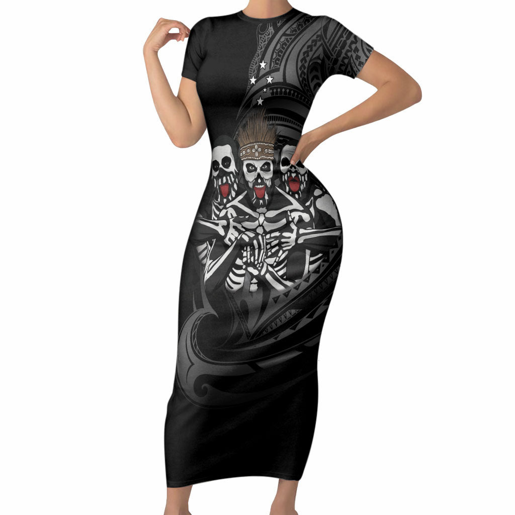 Skeleton Tribe Simbu Province Short Sleeve Bodycon Dress Papua New Guinea Indigenous Pattern LT9 Long Dress Black - Polynesian Pride