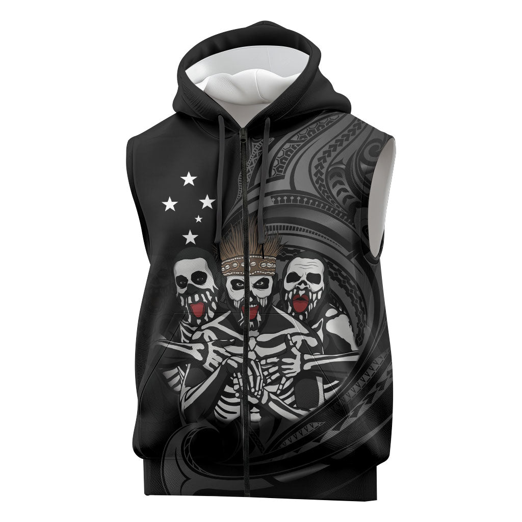 Skeleton Tribe Simbu Province Sleeveless Zip Hoodie Papua New Guinea Indigenous Pattern LT9 Black - Polynesian Pride