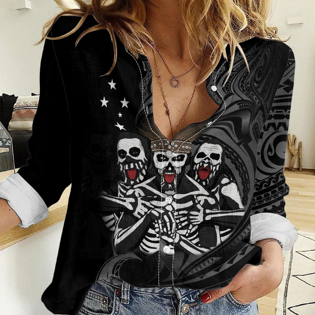 Skeleton Tribe Simbu Province Women Casual Shirt Papua New Guinea Indigenous Pattern LT9 Female Black - Polynesian Pride